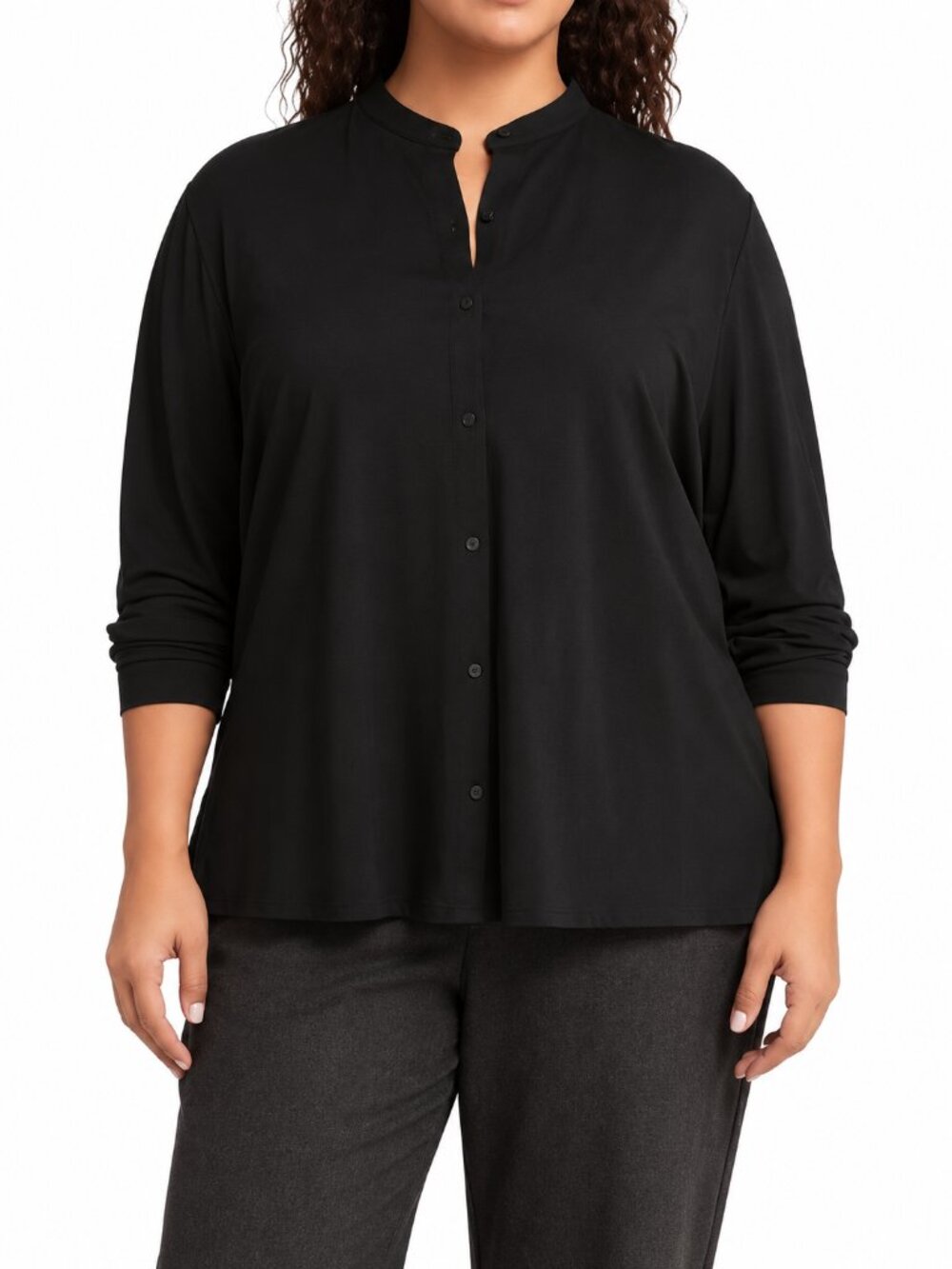 EILEEN FISHER Jersey Band Collar Button Up Shirt Black 3X Relaxed Fit 7/8 Sleeve
